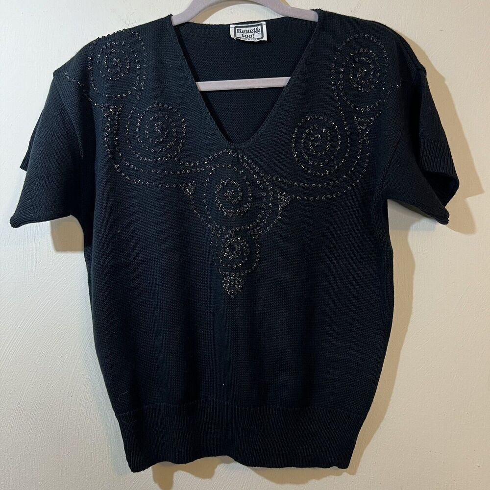Vintage 80s Keneth too! Black Knit Sweater Swirl Beaded Short Sleeve V Neck